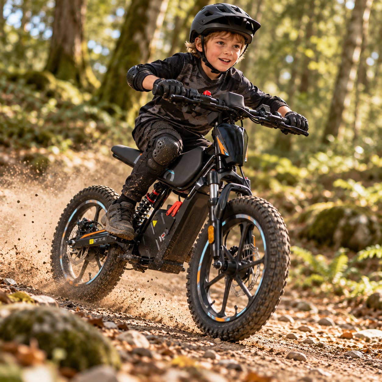 Child riding a black Kayo eKB-M16 on a dusty trail