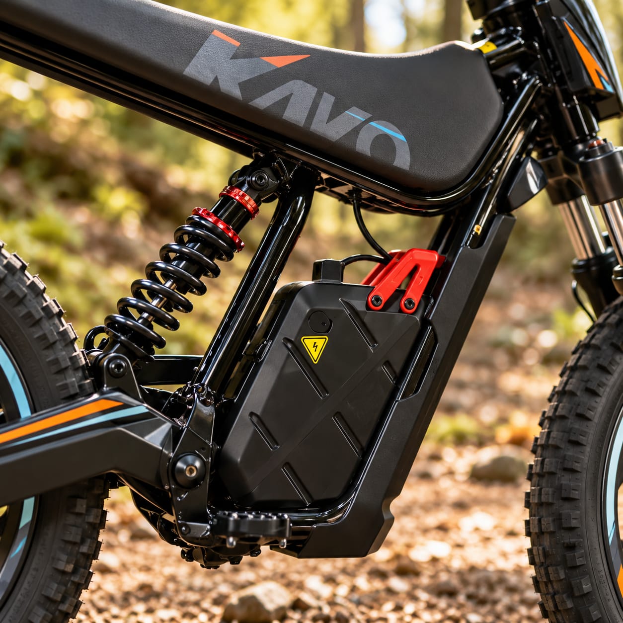 The Kayo 47V battery and rear shock