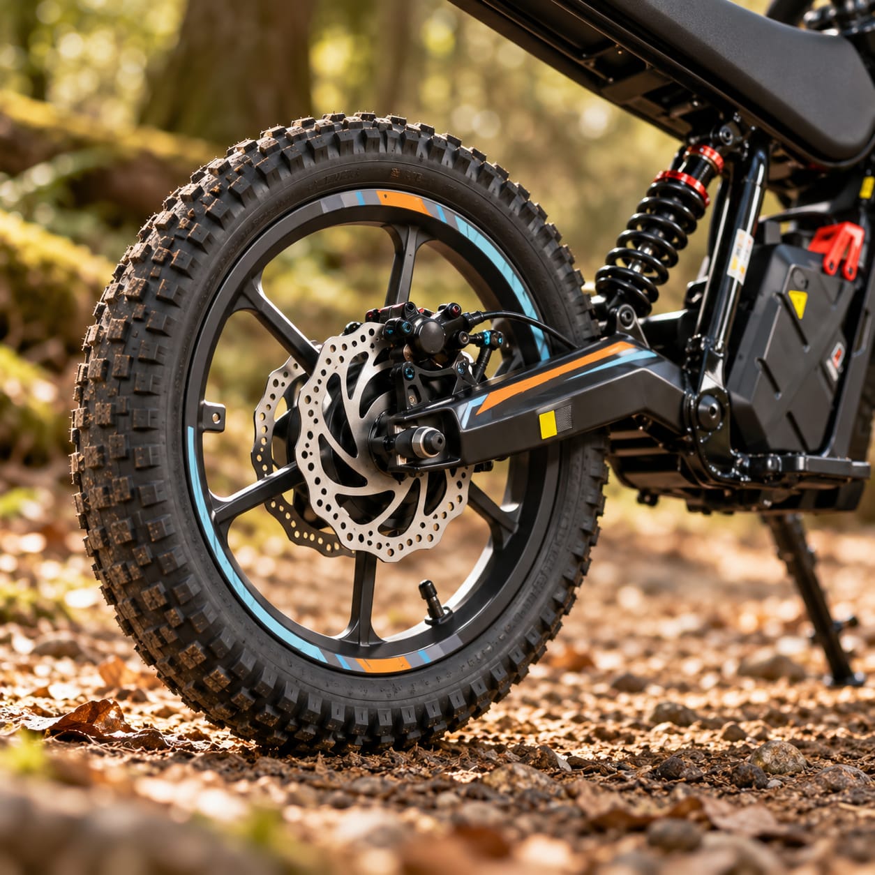 Close-up of the Kayo disc brake and knobbly tyre